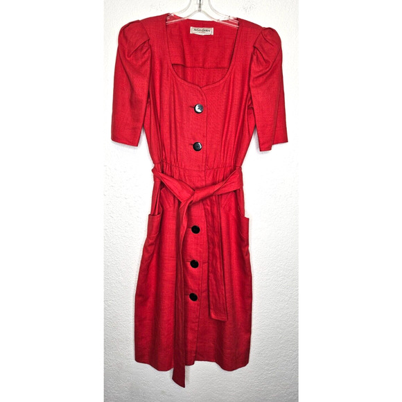 Vintage Yves Saint Laurent Womens Dress 40 Red Linen Belted Button Puff Sleeve - Picture 1 of 15